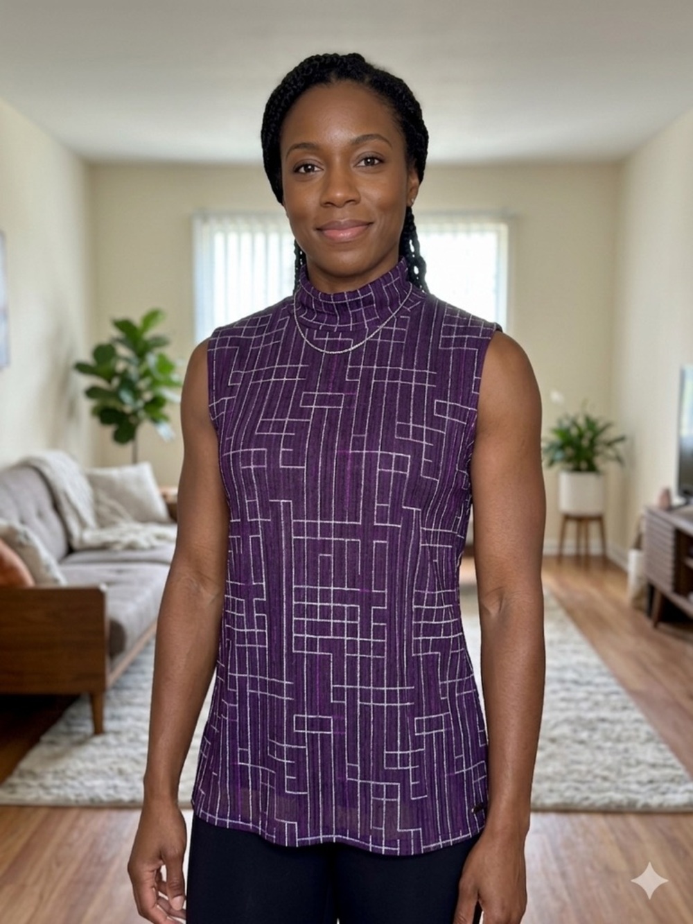 New with Tags Calvin Klein Plum Geometric Mock Neck Top Size L
